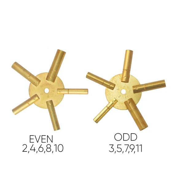 2pc Brass Clock Winding Keys with Five Pronged Even & Odd Numbers - Clock Keys