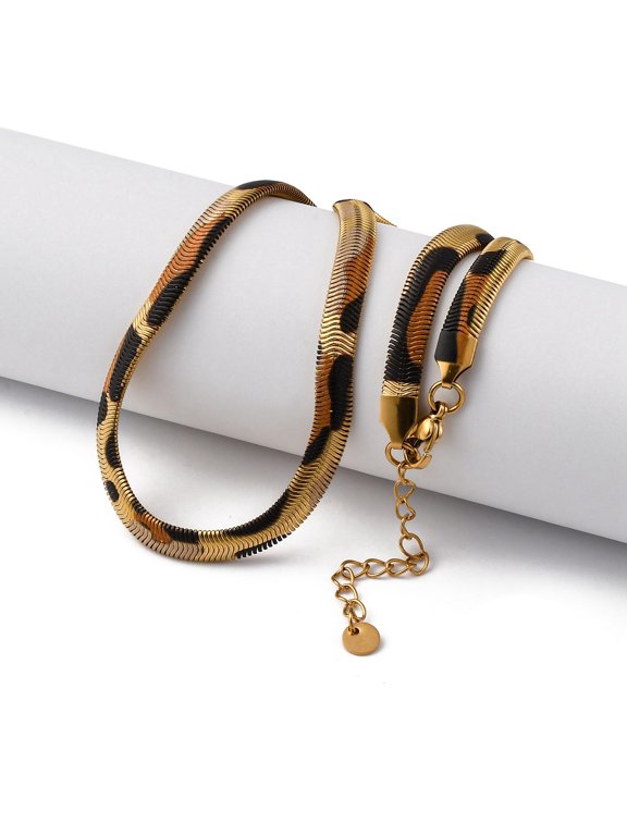 2pc Brass Flat Snake Chain Necklaces with Snake Skin Pattern Cadmium Free & Lead Free Long-Lasting Plated Rack Plating Real 18K Gold Plated 15.75 inch(40cm)