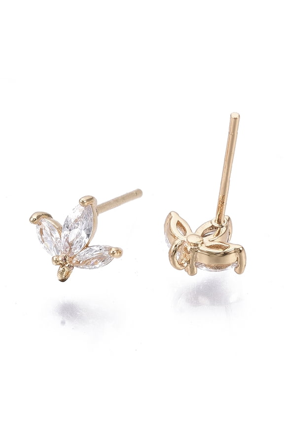 2pc Brass Micro Cubic Zirconia Stud Earring Findings with Loop Real 18K Gold Plated Nickel Free Flower Clear 8x8mm Hole: 1mm Pin: 0.8mm