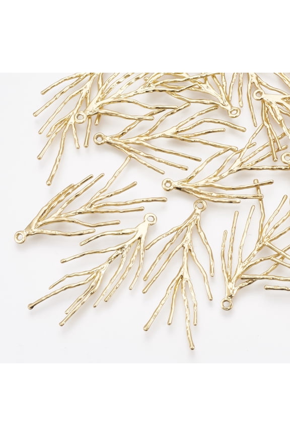 2pc Brass Pendants Branch Real 18K Gold Plated 32~38x14~17x1.5mm Hole: 1.2mm DIY