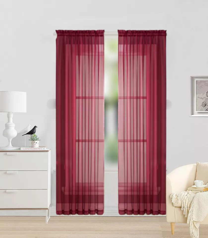 2pc Burgundy Solid Sheer Voile Window Curtain Set, Two (2) Rod Pocket Panels 55"W x 84"L (Each)