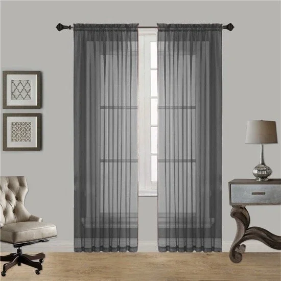 Gorgeous Home Linen 2pc Charcoal Gray Solid Sheer Voile Window Curtain Set, Rod Pocket Panels 54"W x 84"L (Each)