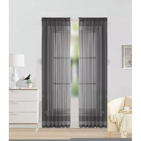 2pc CHARCOAL Solid Sheer Voile Window Curtain Set, Two (2) Rod Pocket Panels 55"W x 84"L (Each)