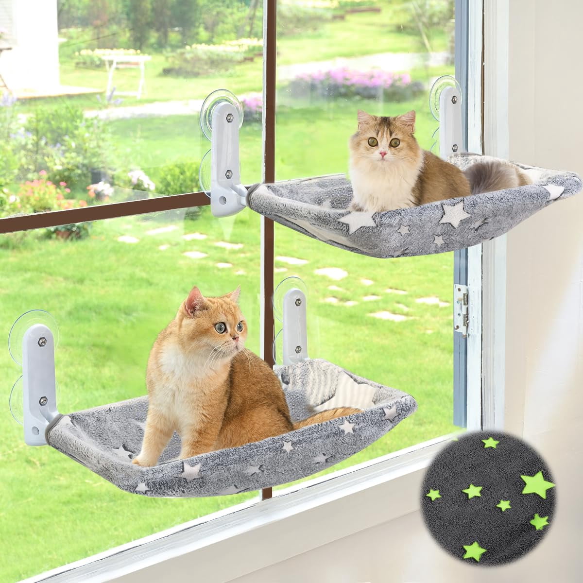 2pc Cat Window Perch  Glow In The Dark Cordless Foldable Pet Hammock Bed For With Sturdy Metal Frame Glowing Stars Pattern Resting Seat Indoor Cats (2pc - L)
