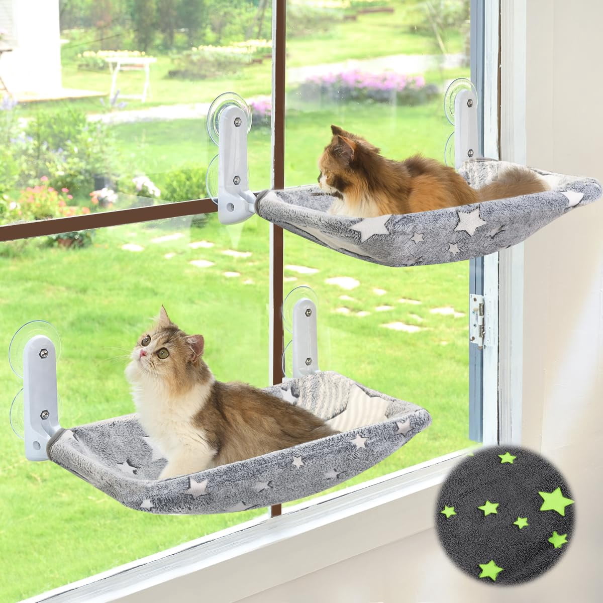 2pc Cat Window Perch  Glow In The Dark Cordless Foldable Pet Hammock Bed For With Sturdy Metal Frame Glowing Stars Pattern Resting Seat Indoor Cats (2pc - M)
