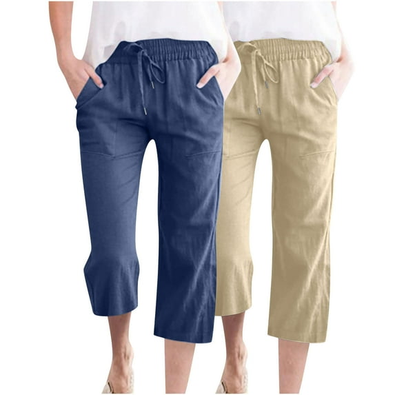 2pc Charella Womens Linen Capri Pants Straight Leg Drawstring Elastic Waist Casual Fit Trousers with Pockets (L, Navy|2pc)