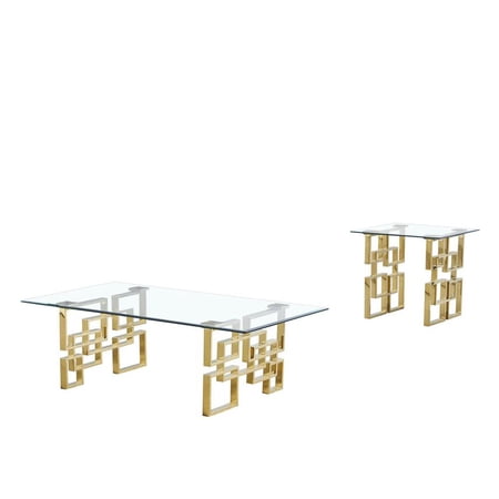 2pc Clear 10mm Tempered Glass Coffee Table Set with Gold Stainless Steel