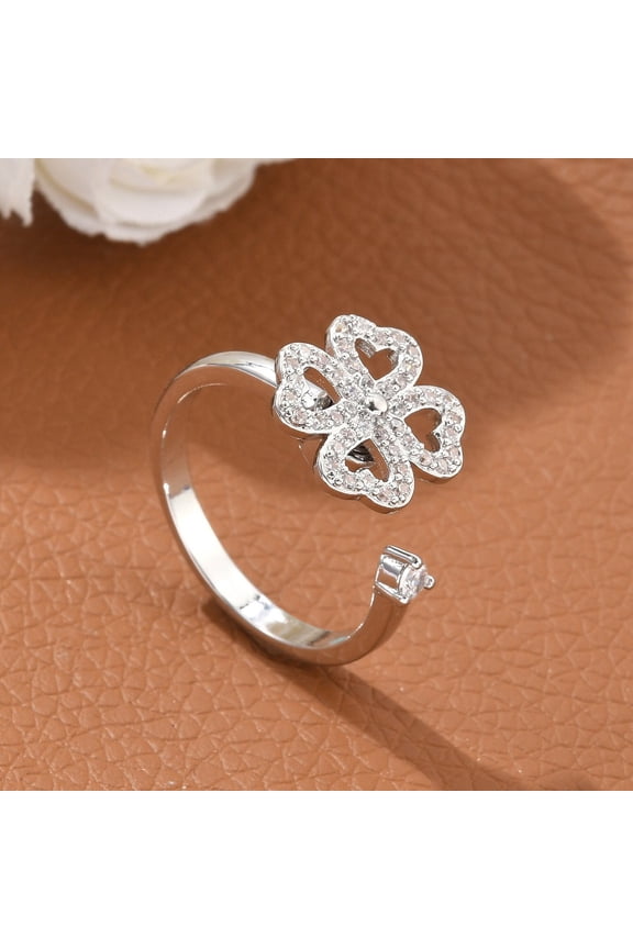 2pc Clover Rotatable Open Ring for Women Brass Cubic Zirconia Fidget Spinner Rings Adjustable Relieve Stress Platinum US Size 7 3/4(17.9mm)
