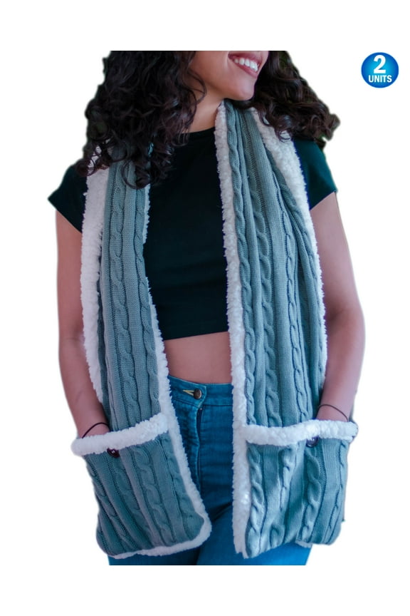 2pc Cozy Sherpa Pocket Scarf Wrap Shawl Blanket - Double Sided Reversible - Cable Knit Fleece With Inner Lined Luxrious Sherpa