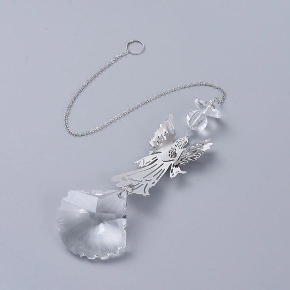 2pc Crystals Chandelier Suncatchers Prisms Shell Shape Glass Hanging Pendant with Rhinestone Angel Iron Links and Cable Chain Faceted Platinum 350x2mm