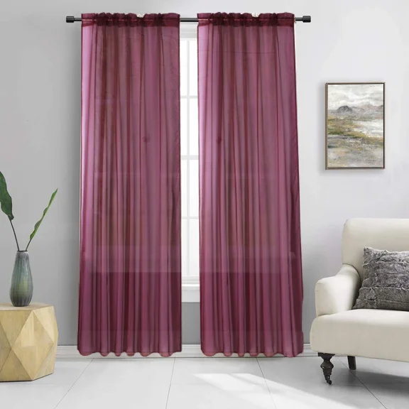 2pc Dark Red Burgundy Solid Sheer Voile Window Curtain Set Two (2) Rod Pocket Panels 55"W x 84"L (Each)