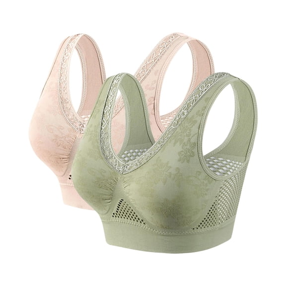 2pc Elder Womens Seamless Sports Bras, Yoga Comfortable Wirefree Floral Bra Thin Breathable Underwear Bralette Lady Bras for Breasts Push up Green 3XL
