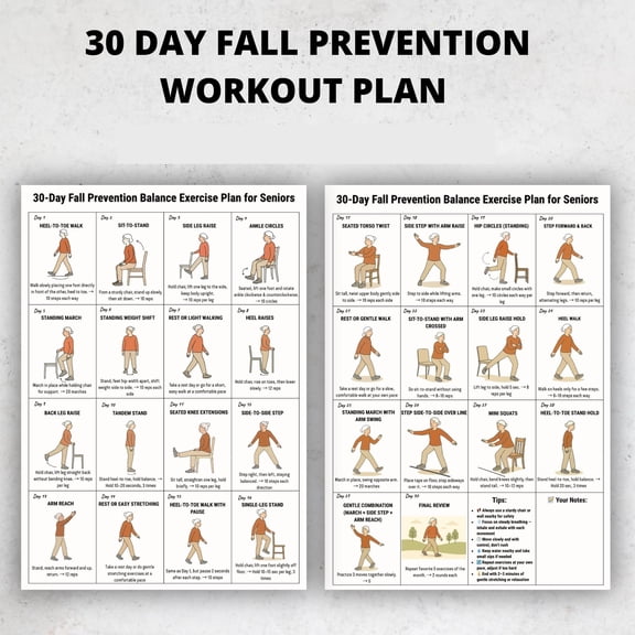 2pc Elderly Balance Exercise Poster 30 Day Fall Prevention Poster Chair And Standing Activity Chart Elderly Fitness Poster poster