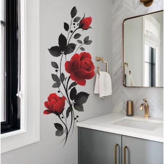 2pc Elegant Red Rose Wall Stickers - Romantic Vinyl Decals for Home Decor