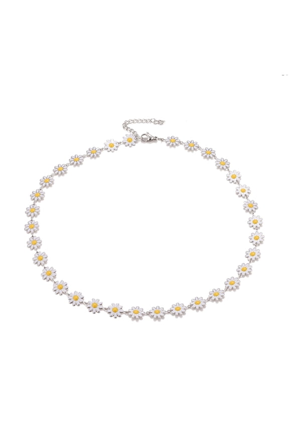 2pc Enamel Daisy Link Chain Necklace 304 Stainless Steel Jewelry for Women Stainless Steel Color White 16.3 inch(41.5cm)