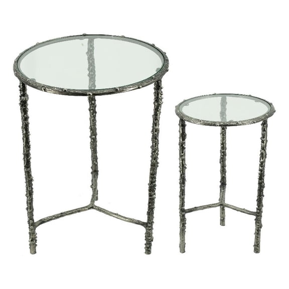 2pc End Table Set- Round Glass Top- Forged Antique Silver Finish