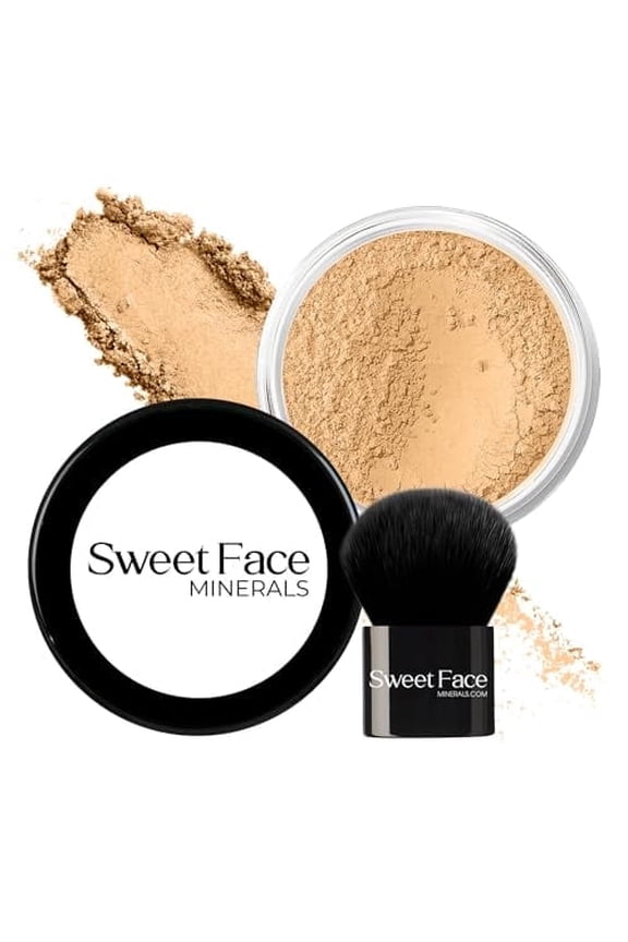 2pc FOUNDATION with KABUKI BRUSH Mineral Makeup (WARM Neutral Shade-Most Popular) Matte Loose Powder Bare Face Cosmetics Full Coverage Long Lasting All Skin Types SPF 18