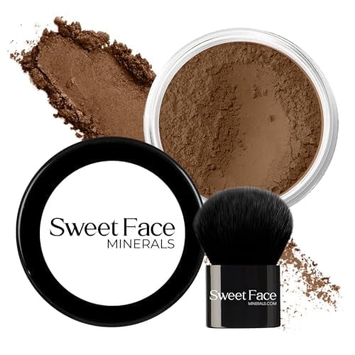 2pc FOUNDATION with KABUKI BRUSH Mineral Makeup (EBONY) Matte Loose Powder Bare Face Cosmetics Full Coverage Long Lasting All Skin Types SPF 18