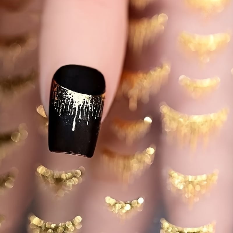 2pc Fantasy Glitter Nail Stickers with Self-Adhesive Golden Foil Stripes - Shimmering Irregular Shapes for Nail Art Decoration