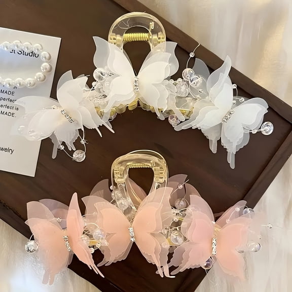 2pc Fashion Butterfly Hair Clip Elegant Pearl Bow Ponytail Clip Daily Accessories Beautiful Hairstyle Tool Women's Hair Claws