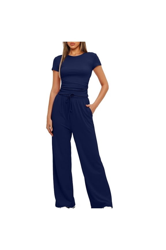 2pc Fashion Woman Round Neck Solid Short Sleeve Blouse Long Pants Elastic Waist Sets Summer Travel Outfits Navy L