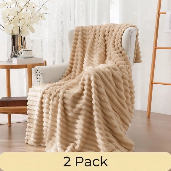 2pc Faux Fur Rabbit Fleece Throw Blanket | 280GSM GentleSoft Plush for Couch & Bed | Soft Snuggly Gift for Women and Men | Dorm Decor, Bedroom Accent & All-Season