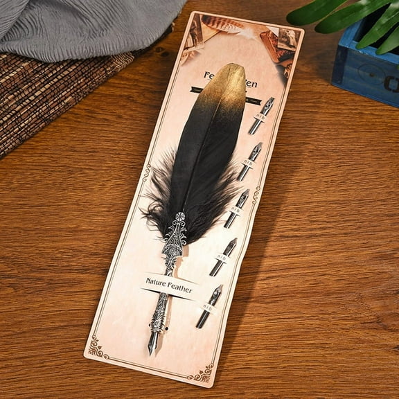 2pc Feather Quill Pen Vintage Feather Dip Ink Pen Zinc Alloy Pen Stem Writing Quill Pen Calligraphy Pen As Christmas Birthday Gift Black 25~30cm