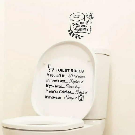 2pc Funny and Creative Adhesive Toilet Wall Stickers for Bathroom - "Text Me If You Need Anything" & "Toilet Rules" - Waterproof and Removal Wall Art - 11" x 10"