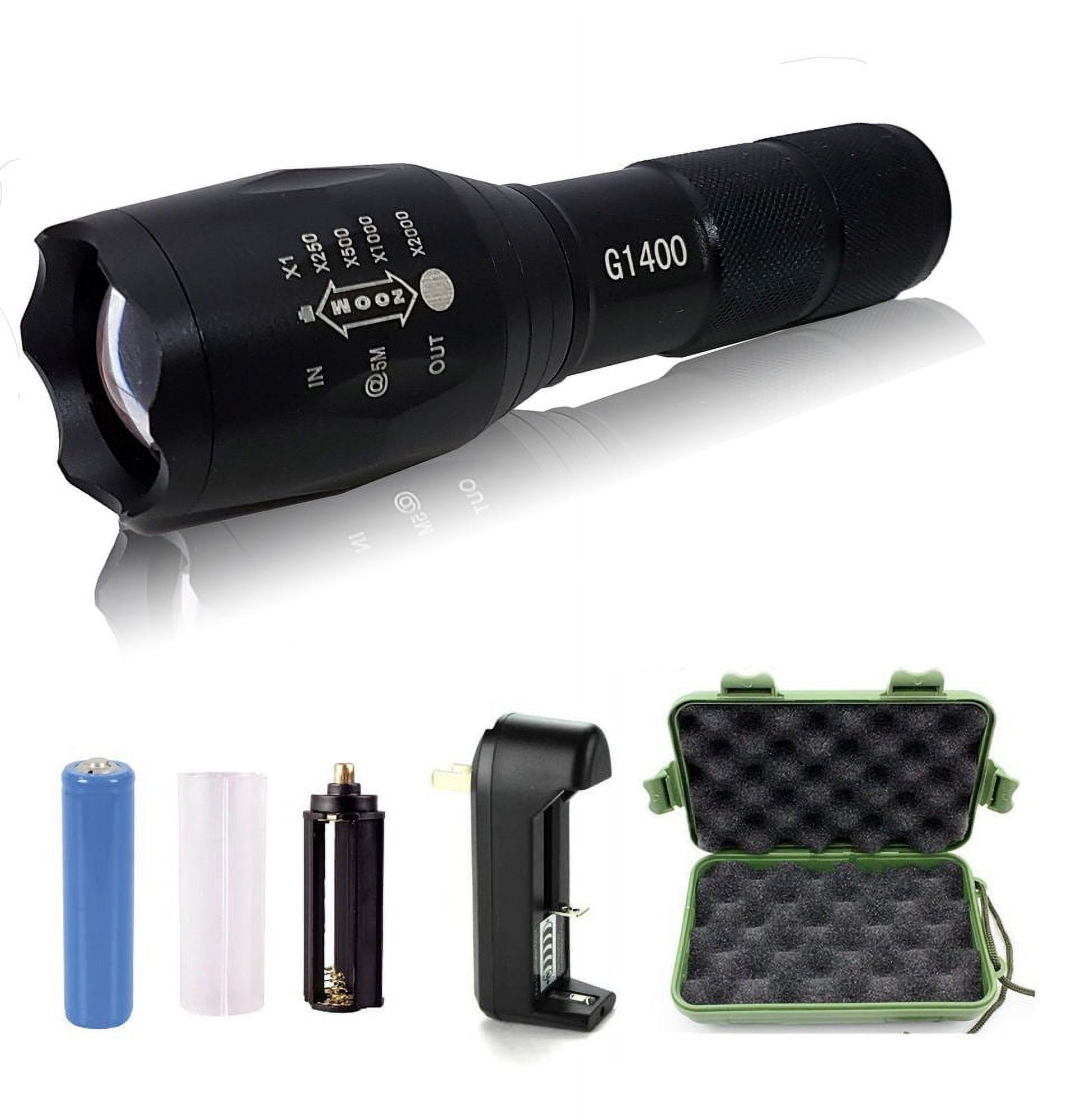 2pc G1400 Military Tactical Flashlight 5 Modes Zoomable Adjustable Focus - Ultra Bright LED Tactical Flashlight - Full Kit  (Black) - image 1 of 4