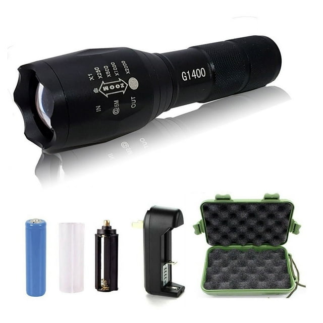 2pc G1400 Military Tactical Flashlight 5 Modes Zoomable Adjustable Focus - Ultra Bright LED Tactical Flashlight - Full Kit  (Black)