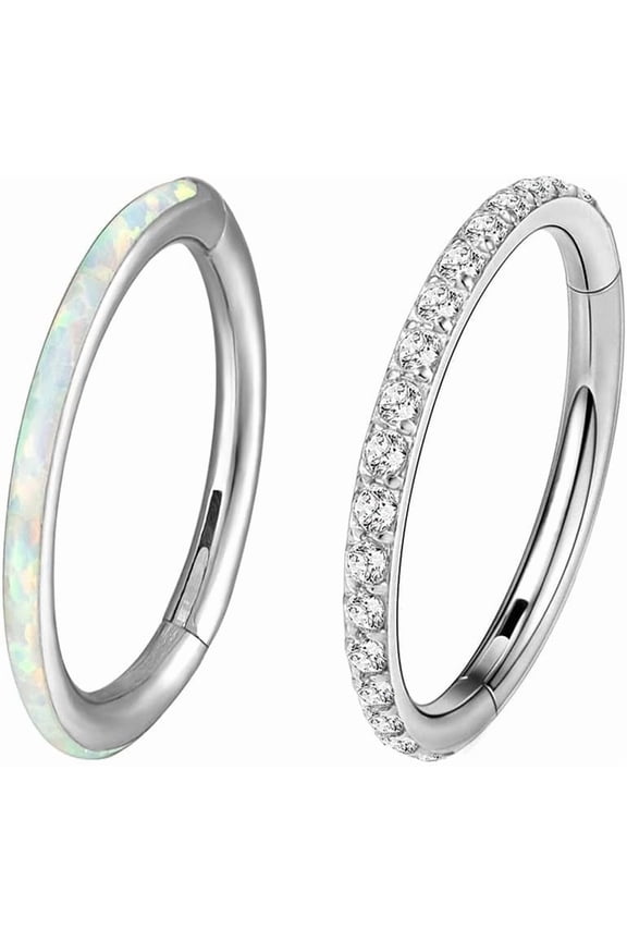 2pc G23 Titanium 16G 6/8/10/12mm Nose Ring Opal Multi Zircon Hoop Hinge Septum Ear Lobe Daith Body Piercing