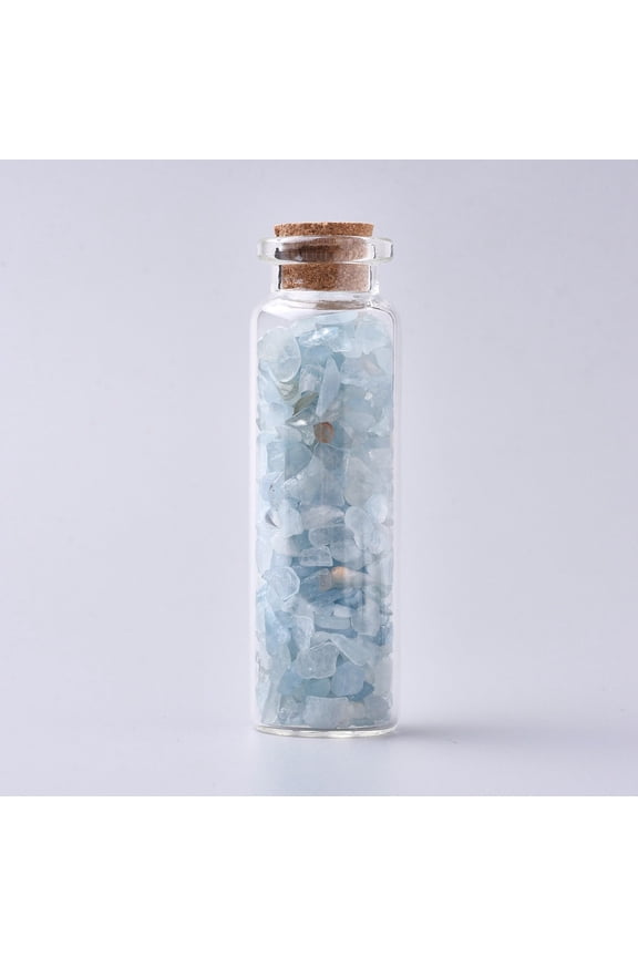 2pc Glass Wishing Bottle For Pendant Decoration with Aquamarine Chip Beads Inside and Cork Stopper 22x71mm