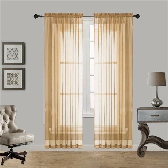 Gorgeous Home Linen 2pc Gold Solid Sheer Voile Window Curtain Set, Rod Pocket Panels 54"W x 84"L (Each)