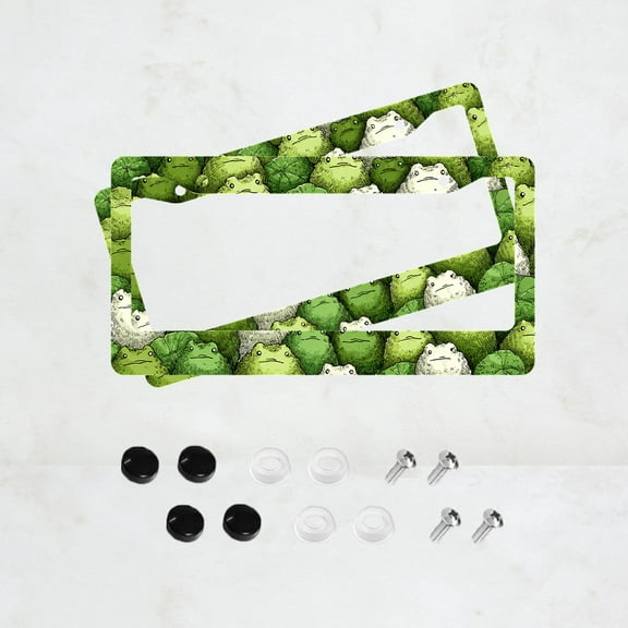 2pc Green Frog Pattern 2 Hole License Plate Frame, Aluminum Material, 6x12 Inches, with Screw Set, Cartoon Funny Car Decoration Gift, Standard US License Plate Size