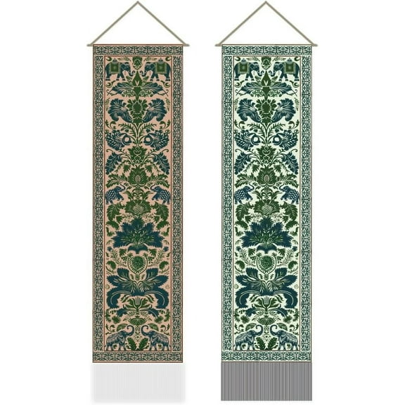 2pc Green Indian Pattern Tapestry Elephant Printed Vertical Wall Hanging Bohemian Tassel Wall Tapestry for Bedroom & Living Room (45.7x13 Inch)