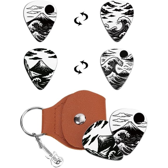 2pc Guitar Picks Gifts Stainless Steel Ukiyo-e Guitar Picks Double-side Personalized Plectrum with Brown PU Leather Case Retro