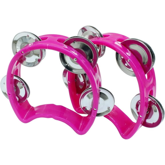 2pc Handheld Percussion Tambourines with 4 Jingle Bells, Mini Half-Moon Musical Rhythm Set for School & Party, Pink