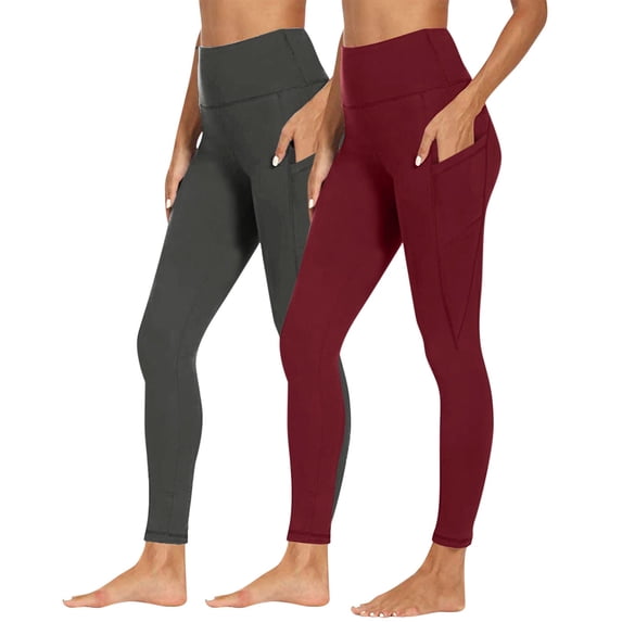 2pc High Waist Leggings for Women, Tummy Workout Hip Lift Yoga Pants Activewear Compression Tights with Pockets Tall Pants for Women Wine S