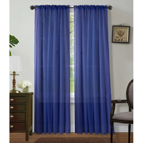 2pc Indigo Royal Blue Solid Sheer Voile Window Curtain Set Two (2) Rod Pocket Panels 55"W x 84"L (Each)