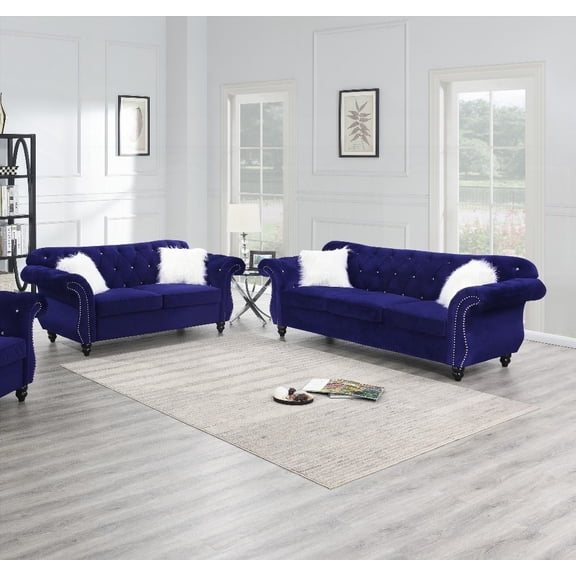2pc Indigo Velvet Sofa Set | Living Room Furniture with Crystal Tufting