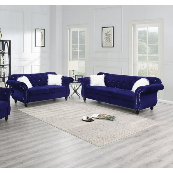 Modern Living Room 2pc Sofa Set - Indigo Velvet 93L34W37H with Crystal Tufting and Silver Nailhead Trim