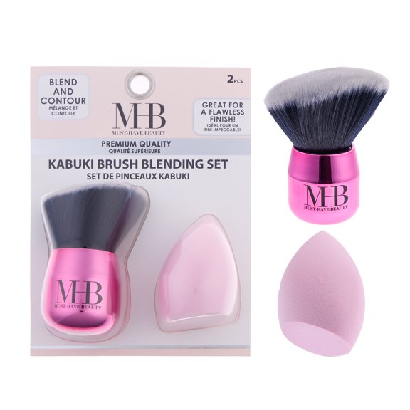 2pc Kabuki Brush Blending Set Premium Angled Foundation Brush & Teardrop Makeup Sponge Professional Tools for Seamless Contour & Flawless Finish (METALLIC PINK)