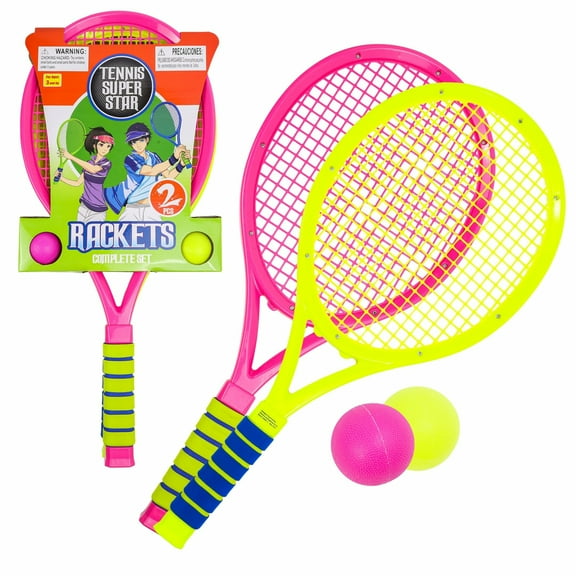 2pc Kidplokio Tennis Racket Indoor Outdoor Playset Exercise Equipment with Tennis Balls, Kid Games, Pink Yellow, Boys, Ages 3+