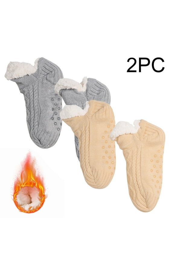 2pc Kids Slipper Socks Boys Girls Winter Warm Cozy Fleece Thermal Thick Snow Socks with Grips Non Slip Boys Cotton Socks Beige 6Y