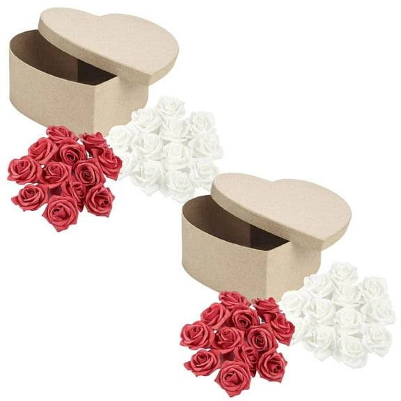 2pc Kraft Heart Paper Mache Boxes & Rose Filler (Rd/Wh) Sets - for Valentines & Gifts - Factory Direct Craft