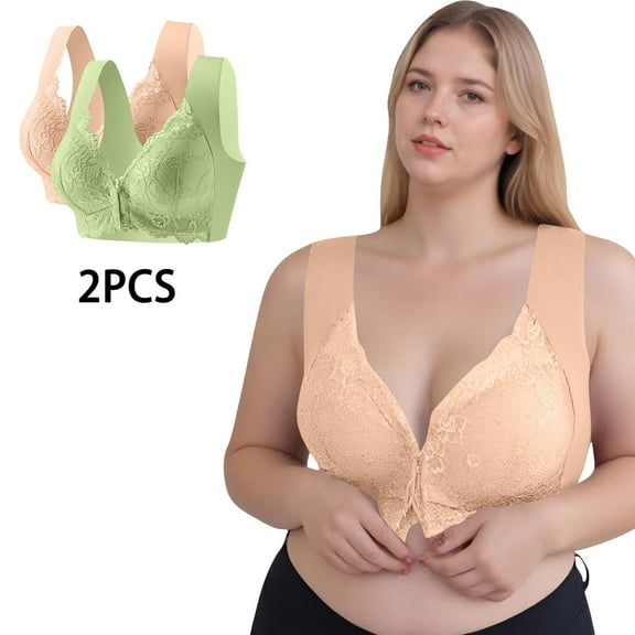2pc Lace Bras for Women Front Closure No Underwire Padded Bras Full Coverages Seamless Push up Bralette New Women's Seamless Sports Bra Beige XXL