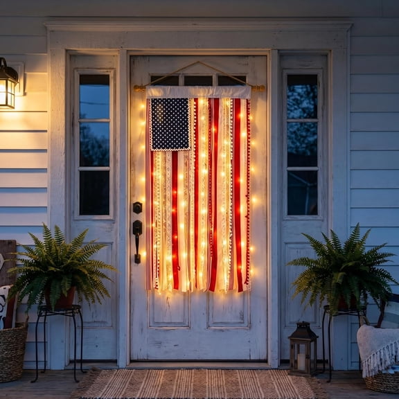 2pc Lighted Rag American Flag Banner – Bohemian Patriotic Wall Decor with LED Lights, Cotton Blend Fabric, Wooden Dowel, for Porch, Party, Rustic Home