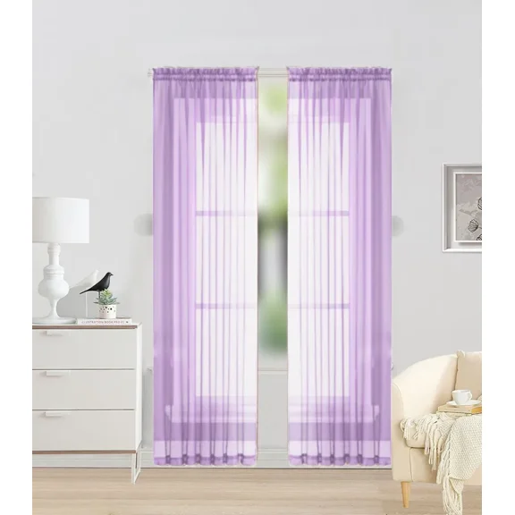 2pc Lilac Solid Sheer Voile Window Curtain Set, Two (2) Rod Pocket Panels 55"W x 84"L (Each)