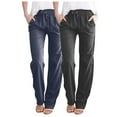 thumbnail image 1 of 2pc Linen Pants for Women Straight Leg Elastic Waist Drawstring Trousers with Pockets Solid Color Pants (L, Navy), 1 of 8