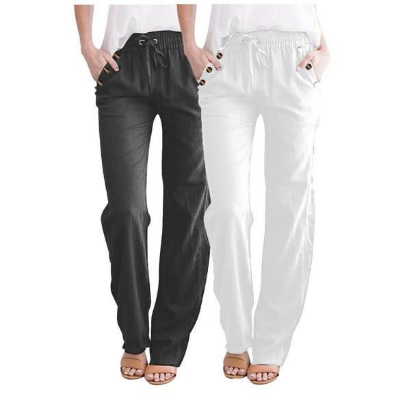 2pc Linen Pants for Women Straight Leg Elastic Waist Drawstring Trousers with Pockets Solid Color Pants (XL, White)
